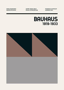 Minimalistisk Bauhaus-affisch med texten "Bauhaus 1919-1933" och geometriska färgfält