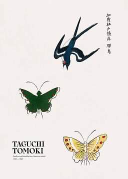 Japanisches Kunstposter mit fliegender Schwalbe und zwei Schmetterlingen auf hellem Grund