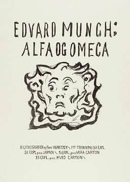 Poster reading "Edvard Munch: Alfa og Omega" with a black sketch of a face.