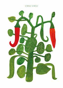 Ilustración de planta de chile verde con hojas y dos chiles rojos sobre fondo blanco