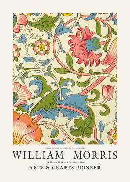Plakat med William Morris Lodden-mønster i rosa, blå og grønne blomster på lys baggrund
