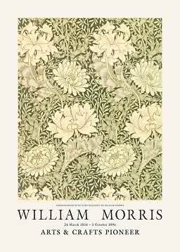 Plakat med William Morris-krysantemummønster i creme og olivengrøn samt tekst nederst