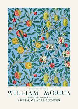 Plakat med William Morris Four Fruits-mønster med grene, blade, blomster og frugter på lyseblå baggrund