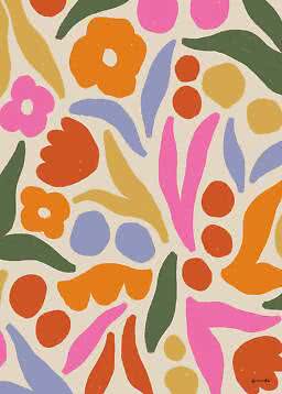 Patrón floral abstracto con flores, hojas y formas orgánicas coloridas sobre fondo claro