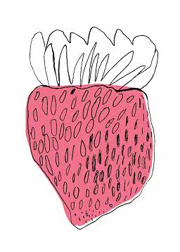 Stiliserad illustration av en rosa jordgubbe med svarta konturer på vit bakgrund