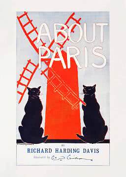 Vintage bogomslag til About Paris med røde stiger og to sorte katte.