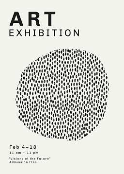Minimalist art exhibition poster with large dotted circle and text showing dates, hours, and free admission