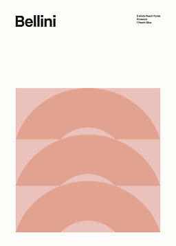 Minimalistisches Bellini-Poster mit rosa Bögen und Text zu Pfirsichpüree, Prosecco und Pfirsichscheibe