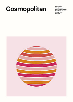 Minimalistisches Cosmopolitan-Poster mit Rezepttext und gestreiftem Kreis in Pink, Rot und Orange.