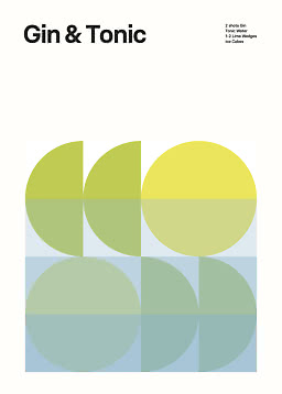 Poster mit Schriftzug „Gin & Tonic“ und grafischen Kreisen in Grün-, Gelb- und Blautönen.