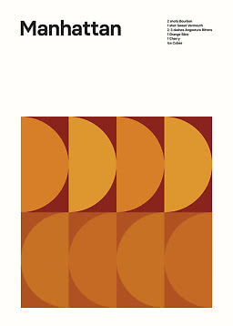 Grafisches Manhattan-Poster mit Zutatenliste und orangem geometrischem Muster auf hellem Hintergrund
