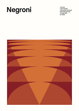 Grafisches Negroni-Poster mit Zutatenliste und orange-rotem geometrischem Muster unten