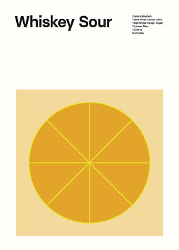 Poster mit Whiskey Sour Schriftzug, Zutatenliste und großer illustrierter Zitrusscheibe.