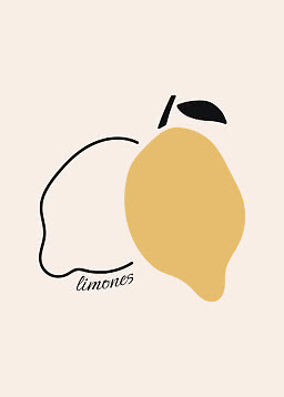 Minimalistisk citronillustration med gul frukt, svart kontur och texten "limones" på beige bakgrund
