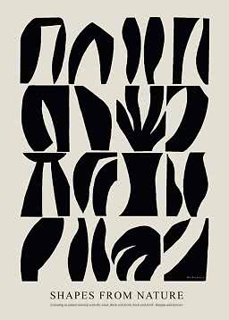 Abstrakcyjny plakat z czarnymi organicznymi kształtami na beżowym tle i napisem „Shapes From Nature”