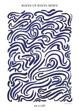 Abstract poster with dark blue wavy lines on white background and the text "Waves Up Waves Down"