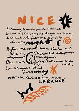 Abstract poster with the word NICE, handwritten text, and black and orange organic shapes on beige