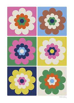 Illustration of six colorful flowers in a 2x3 grid on different backgrounds