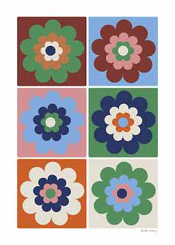 Poster med sex färgstarka grafiska blommor i ett rutnät på olika bakgrunder