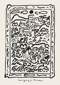 Black-and-white illustrated landscape in ornate frame with mountains, palms, houses and boats