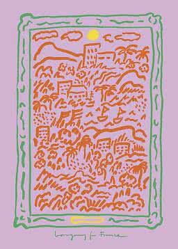 Abstract framed landscape poster with palm trees, buildings, and yellow sun on a lilac background