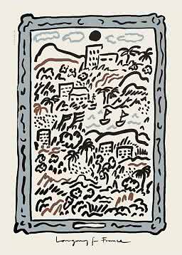 Abstract framed coastal landscape poster with palms, boats, and buildings in black, blue, and brown.