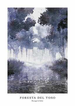 Plakat med tåget skovlandskab i blå og lilla akvareltoner over stille vand