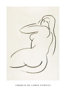Minimalist line drawing of a seated female figure on a light background with text Croquis du corps féminin