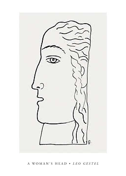 Disegno minimalista a linee di una testa di donna di profilo con il testo A Woman’s Head di Leo Gestel