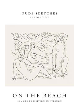 Poster with line drawing of nude women on the beach and the text "Nude Sketches" and "On the Beach".
