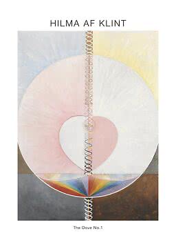 Poster med Hilma af Klints abstrakta verk The Dove No.1 med stor cirkel, spiral och mjuka pastellfärger