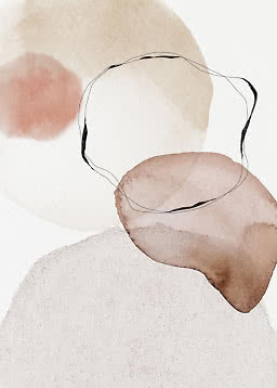 Opera astratta con forme beige e rosa tenue e una linea circolare nera su sfondo chiaro