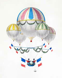 Illustration bunter Heißluftballons mit französischen Fahnen und kleinem Korb darunter