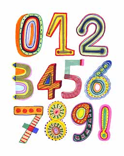 Colorful illustration of numbers 0-9 and an exclamation mark in hand-drawn patterned style on white