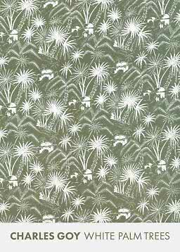 Motif vert olive avec palmiers blancs et petites maisons, Charles Goy White Palm Trees