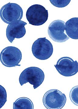 Abstract pattern with large blue watercolor dots on a white background
