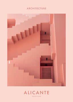 Rosa Architekturposter mit geometrischen Treppen und dem Schriftzug Alicante