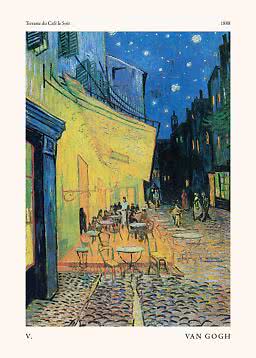 Poster von Van Goghs Caféterrasse am Abend, mit gelbem Cafélicht unter blauem Sternenhimmel.