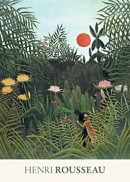 Henri Rousseau-plakat med frodig jungle, rød sol, blomster og to figurer i højt græs