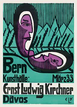 Abstrakcyjny plakat w turkusie i fiolecie ze stylizowaną twarzą i leżącą postacią, tekst Kirchner