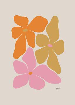 Affiche florale abstraite avec grandes fleurs orange, roses et ocre sur fond beige