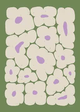 Imprimé floral abstrait avec fleurs blanc crème et cœurs violets sur fond vert