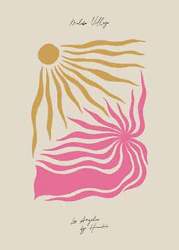 Abstraktes Poster mit gelben Sonnenstrahlen und pinker Wellenblume auf beigem Grund