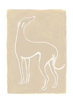Minimalistisk illustration af en hund i beige med hvide konturer