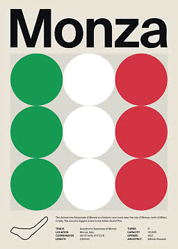 Affiche graphique Monza avec cercles verts, blancs et rouges, tracé du circuit et texte en bas.