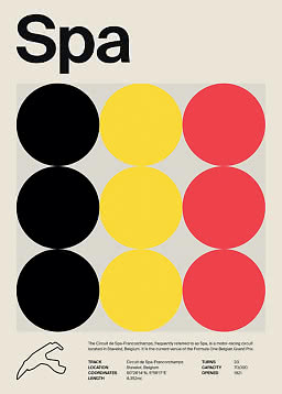 Graphic Spa poster with nine black, yellow and red circles and a small track outline at the bottom.