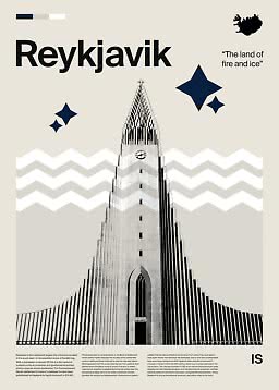 Reiseposter von Reykjavik mit Hallgrímskirkja, Island-Silhouette und "The land of fire and ice"