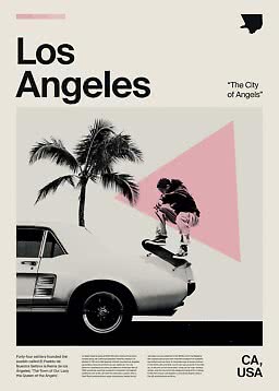 Plakat med teksten Los Angeles, palme, klassisk bil og skateboarder i sort-hvid med pink detaljer.