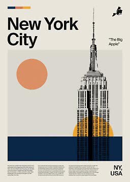 Grafisches New-York-City-Poster mit dem Empire State Building, Sonnenkreisen und dem Text "The Big Apple"