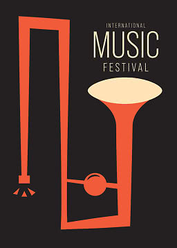 Poster astratto con tromba arancione su sfondo nero e testo "International Music Festival"